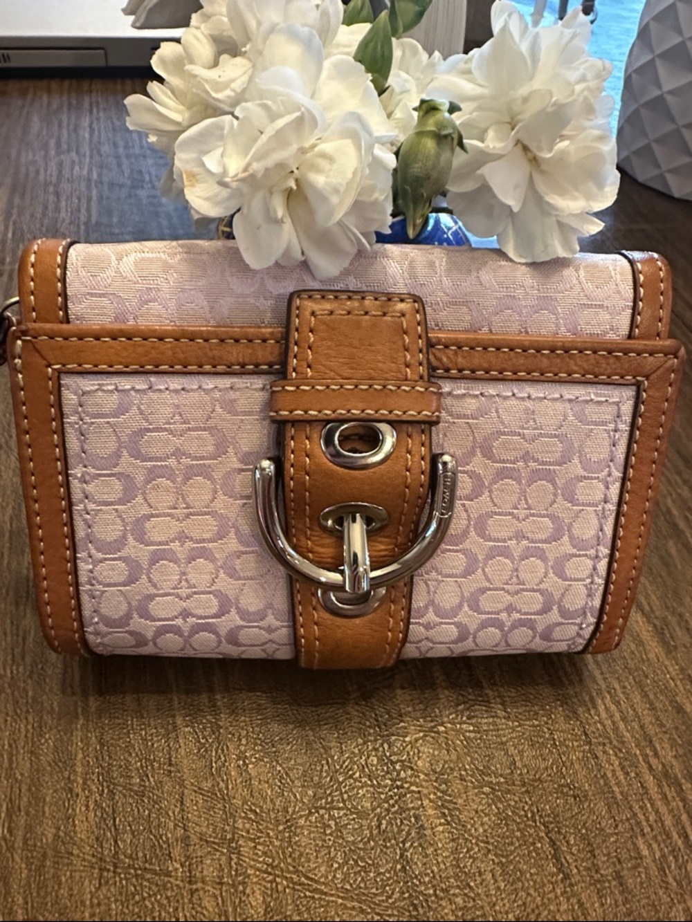 Coach Y2K Lavender Canvas & Tan Soho Buckle Leather Wallet w/ Silver-Tone Buckle